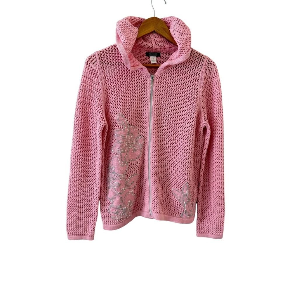 Dolcezza Open Knit Hood Full Zip Sweater Womens S Pink Floral Rhinestone Artsy